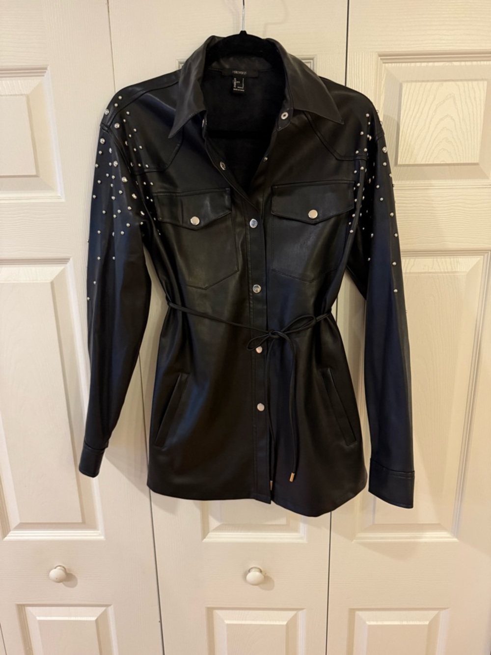 Forever 21 Black Faux Leather Studded Shirt Jacket with Waist Tie